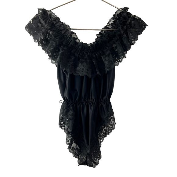 VTG Dolores For Poirette Black Sleep Bodysuit Lace Ruffle VNeck Pullover S Small - Picture 1 of 8